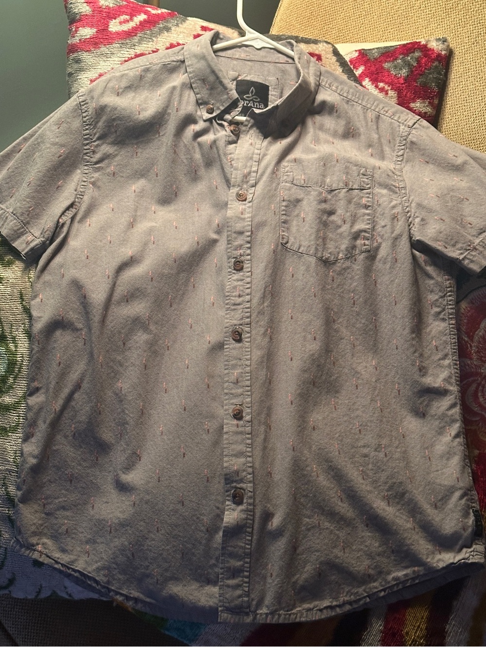 Prana Men's Short-Sleeve Button-Down Shirt in Light Gray with Embroidered Detail